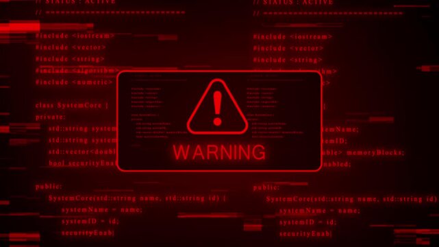 Intense red digital screen with programming code and a stark red warning triangle symbol, overlaid with aggressive glitch effects signifying a critical system malfunction or security breach