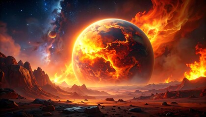 A fiery planet in a cosmic landscape, burning and engulfed in flames
