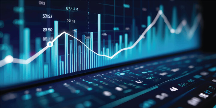 An abstract blue financial stock market graph on a black background displays economic growth and success through a data line resembling a medical heartbeat pulse or ECG monitor