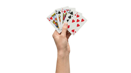 Hand holding a winning straight poker hand on transparent background © BTG