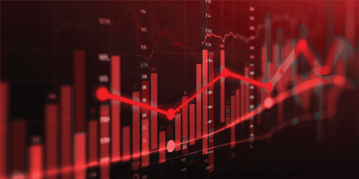 An abstract business and medical illustration features a financial stock market graph merging with a heartbeat pulse line to monitor technology data and global health trends on a digital EKG chart