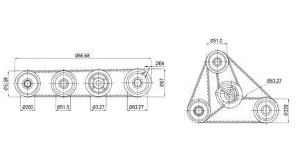 Engineering drawing of a chain drive system