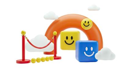 Happy 3D Objects with Rainbow and Red Carpet