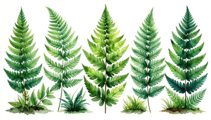 Watercolor illustration showcasing several vibrant green fern fronds with varying shades and small grassy tufts at their bases against white