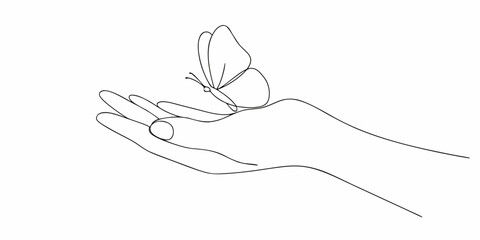 A delicate butterfly gently rests upon an open human hand line art