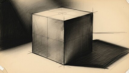 Charcoal sketch of a cube with grid lines and shadows, art school study, monochrome drawing