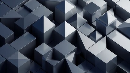 Abstract 3D Geometric Shapes, Metallic Cubes and Pyramids, Modern Background