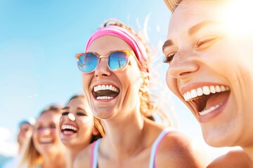 Group of cheerful young women laughing loudly outdoors in bright sunlight