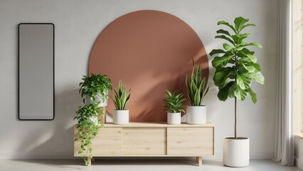 Fototapeta premium Modern living room with plants and terracotta arch, minimalist interior design