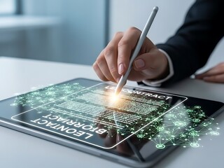 Digital Contract E-Signature: Professional Hand Signing Holographic Legal Agreement on Transparent Tablet, Connected to Secure Blockchain Network