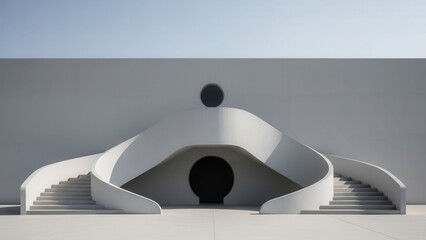 Minimalist Architecture: Futuristic Entrance with Curved Staircases and Black Circle Detail