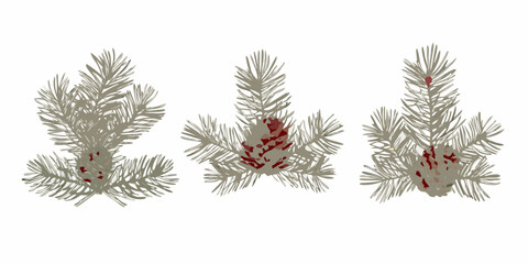 Three stylized pine tree illustrations with red berry clusters displayed © Tarun