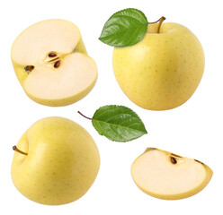 yellow apple with leaves, half and slices isolated,  transparent PNG, PNG format, collection