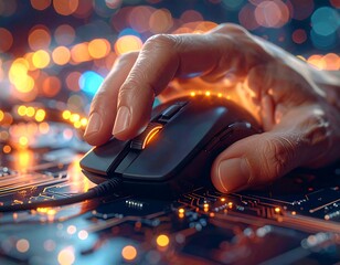A hand uses a gaming mouse with a soft orange glow