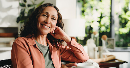 Chill, relax and portrait of woman in home for peace, confidence and retirement. Happiness, pride...