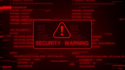 Computer screen displaying red glowing code with a prominent warning alert symbol inside a digital box indicating a system error or cybersecurity threat with digital glitch effects in a dark