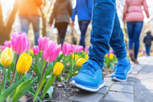 People walking by vibrant pink and yellow tulips in a sunny park on a beautiful spring day. - Powered by Adobe
