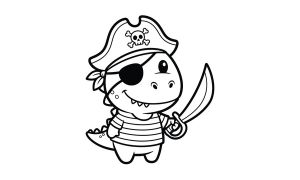 Cute baby pirate dinosaur wearing eye patch and holding sword