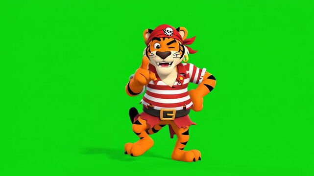 Animated cartoon tiger dressed as a pirate performs a lively dance routine, showcasing energetic tiger dancing moves against a vibrant green screen background for easy compositing.