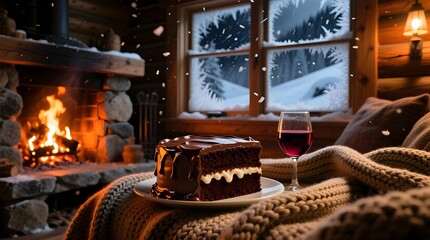 chocolate cake slice served in a cozy winter cabin setting with fireplace warmth for premium lifestyle and hospitality