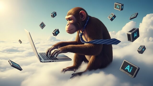 Creative Monkey Typing on Laptop Surrounded by AI Icons in the Clouds, Surreal Concept