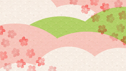 桜と雲の和風テイストの水彩背景。桜と雲をあしらった、やさしく上品な水彩風和紙の春背景。Japanese Spring Watercolor Background.