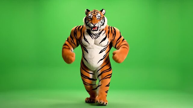 This powerful, muscular, anthropomorphic tiger mascot is confidently performing a vigorous routine, showcasing energetic tiger dancing and flexing movements against a bright chroma key green screen.