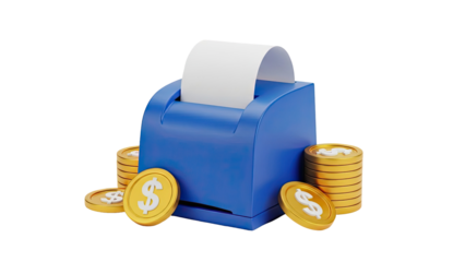 3D Rendering of a Blue Receipt Printer with Gold Coins