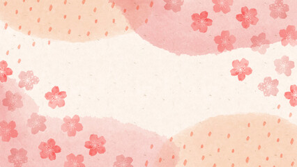 和紙と水彩風カラーで描いた桜と雲の春の和風背景。Japanese Spring Background with Washi Paper and Watercolor Style.桜と雲の和風水彩背景。