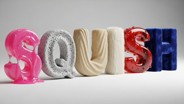 The word "SQUISH" rendered in vibrant 3D typography, featuring six distinct contrasting tactile textures like pink slime, porous foam, plush velvet, shaggy fur, and red jelly. For sensory marketing.