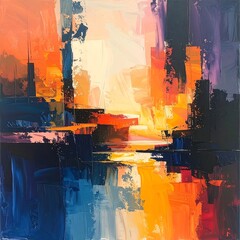 Abstract textured cityscape with blocks of vibrant orange, blue, and purple hues, creating a dynamic modern skyline