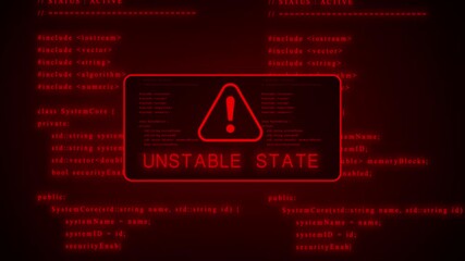 Computer screen displaying red glowing code with a prominent warning alert symbol inside a digital box indicating a system error or cybersecurity threat with digital glitch effects in a dark