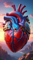 Anatomical heart floats above scenic landscape, veins subtly highlighted, sky with pink and orange sunset hues
