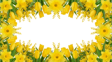 Spring yellow flowers frame isolated png, cutout object, on transparent background template card with copy space. Daffodil flowers, tulips and mimosa . International Women's Day, March 8 , Easter, 
