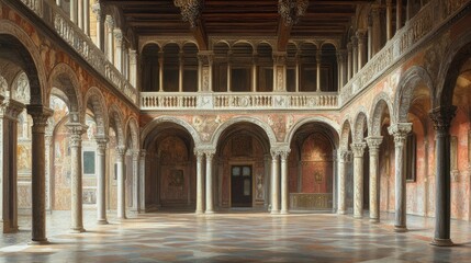 Grand Italian Courtyard: Architectural Masterpiece in Warm Hues