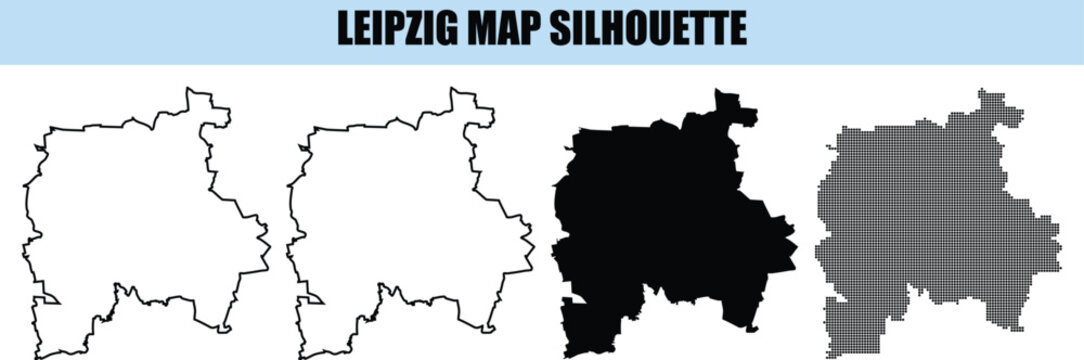 Leipzig map silhouette vector set including thin line art and solid black shapes representing local administrative areas