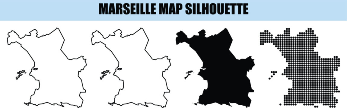 Marseille map silhouette set including outline solid black and dotted versions isolated on transparent background vector