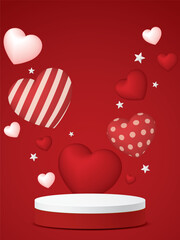 Blank 3D rounded podium for placed product presentation with red vertical background have heart balloons various designs and star floated