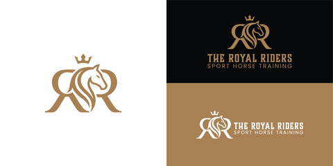 The stylish logo features a mirrored letter R, a horse profile, and a crown. The gold color signifies prestige and excellence in equestrian training.