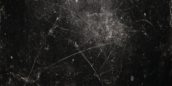 A dark textured background featuring a chaotic network of fine scratches and subtle dust particles