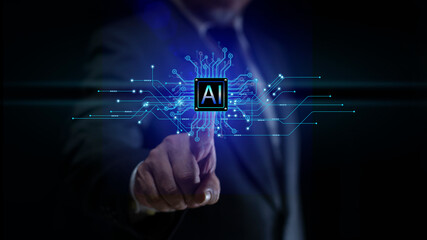 Businessman touching screen of Artificial Intelligence in the futuristic business, IOT, innovative, AI chat bot, AI generate.