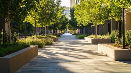 Sunlit Urban Pathway: A Serene Morning Stroll