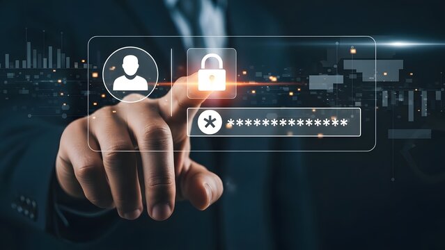 Businessman interacting with digital security interface with password and login icons - Powered by Adobe