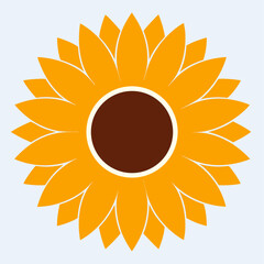flat design sunflower with bright orange petals on a light blue background.