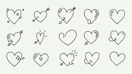 Collection of Hand Drawn Heart Icons with Arrows and Sparkles.