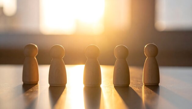 Wooden figurines line up in front of a window, catching the warm rays of sunlight. The blurry background suggests an interior setting