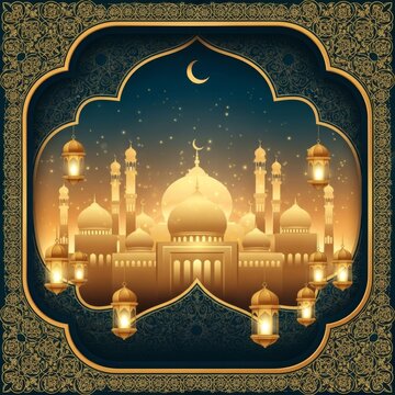 Golden Mosque with Ramadan Lanterns and Crescent Moon, Islamic Architecture