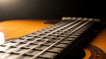Fototapeta premium Close up of a classical acoustic guitar fretboard and strings with dust particles floating in soft dramatic lighting creating an atmospheric and intimate mood