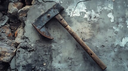 A vintage rusty metal axe with a sharp steel blade and wooden handle sits as an isolated work tool object on a wood background for chopping
