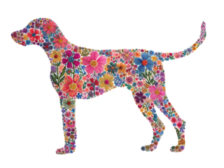 Vibrant floral dog silhouette with colorful flowers on black background